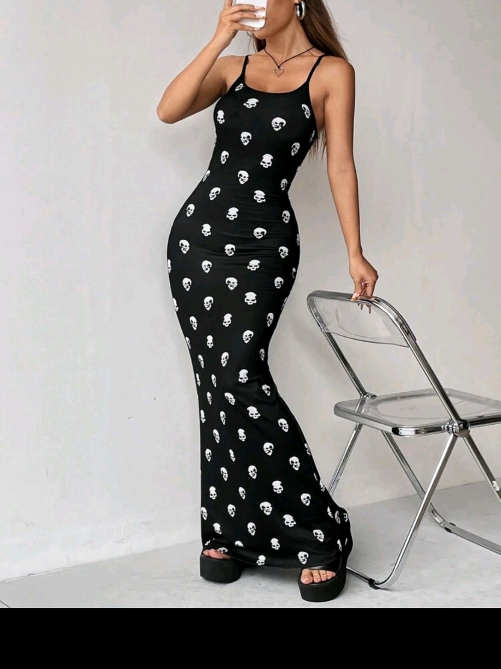 Black Skull Print Maxi Dress